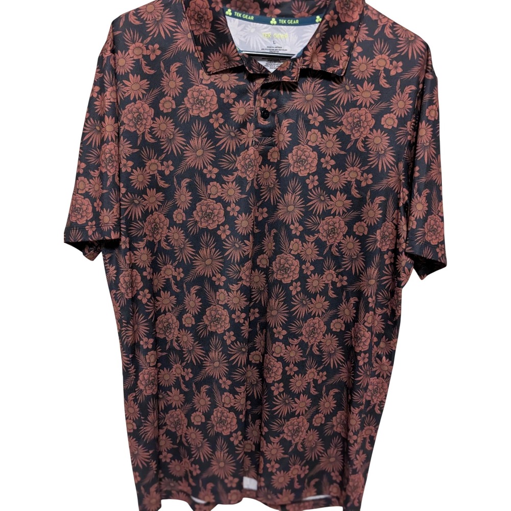 Tek Gear Polo Shirt Mens L Black Rust Floral Short Sleeve Performance Activewear